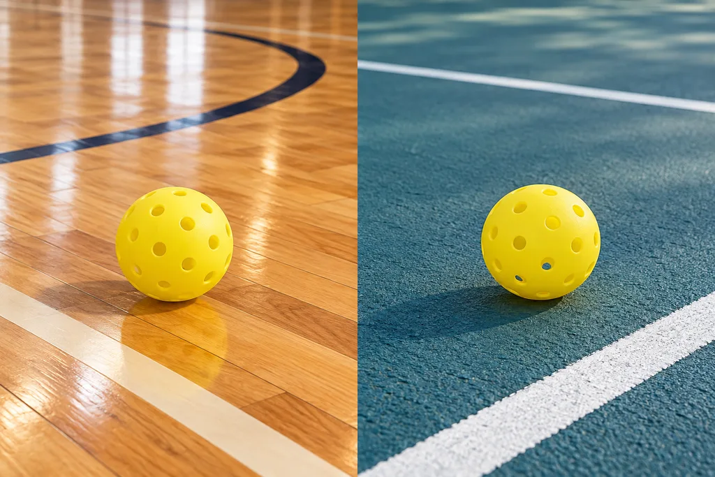 Une balle de pickleball sur un parquet de gymnase et une autre sur un court extérieur, côte à côte.