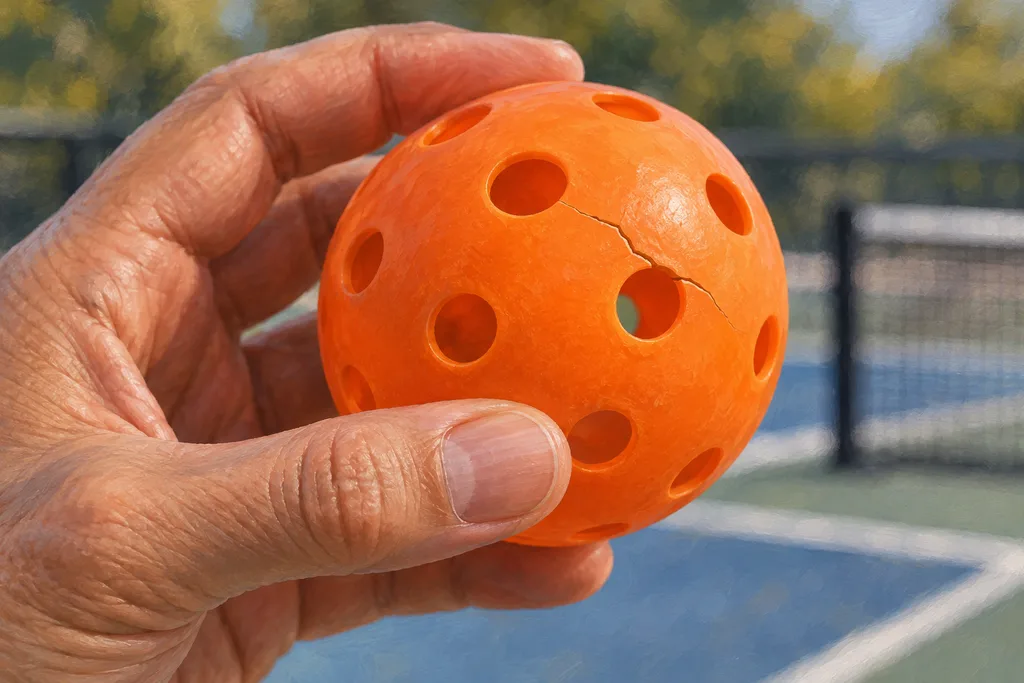 Gros plan d'une balle de pickleball présentant une fine fissure près d'un trou, tenue entre deux doigts.
