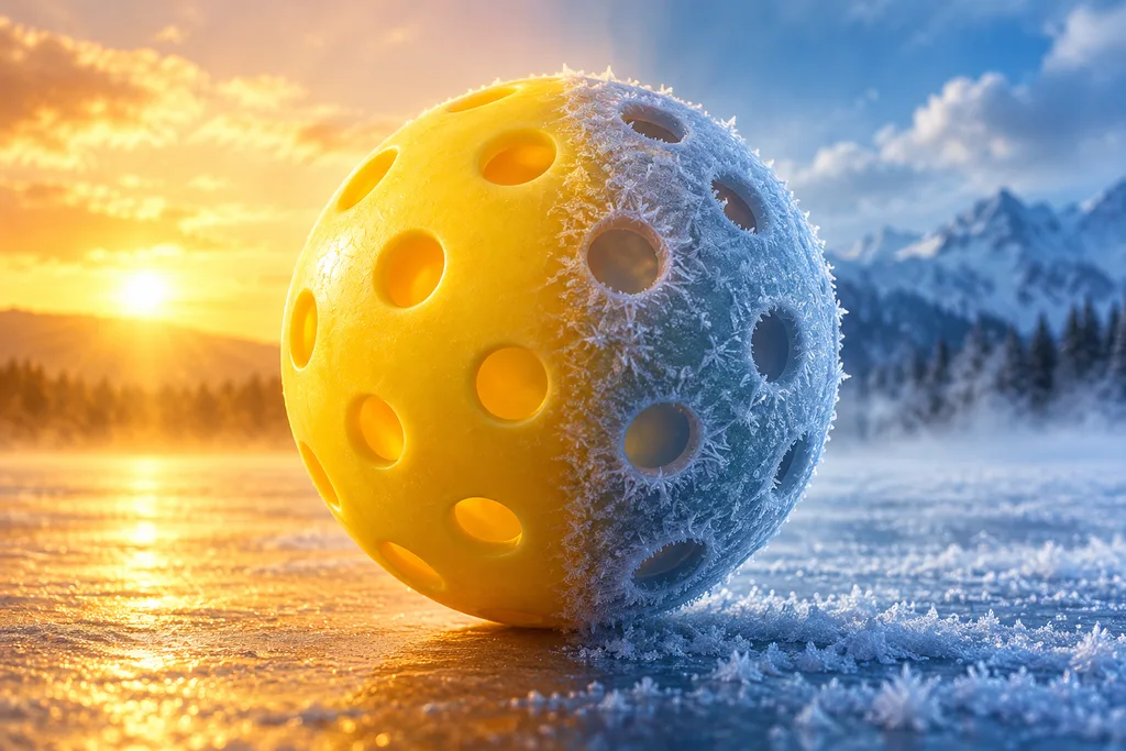 Une balle de pickleball entre un thermomètre côté soleil et un côté givré, illustrant les écarts de température.