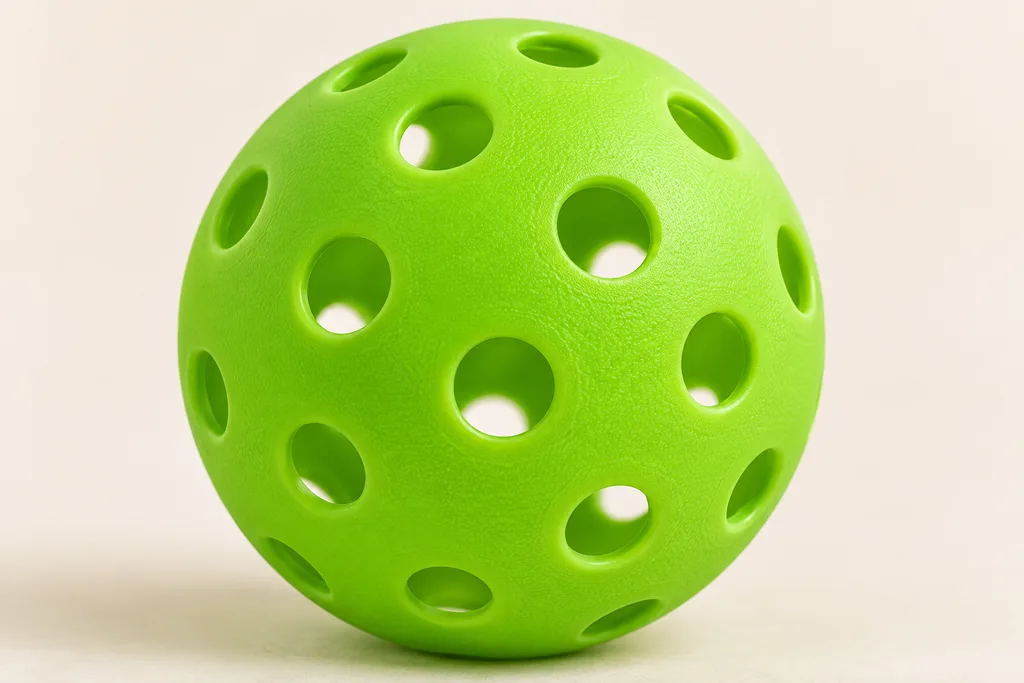 Gros plan sur une balle de pickleball montrant ses perforations et le logo du fabricant.