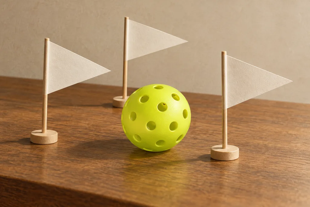 Trois drapeaux sur une table avec une balle de pickleball au centre, symbolisant les fédérations.