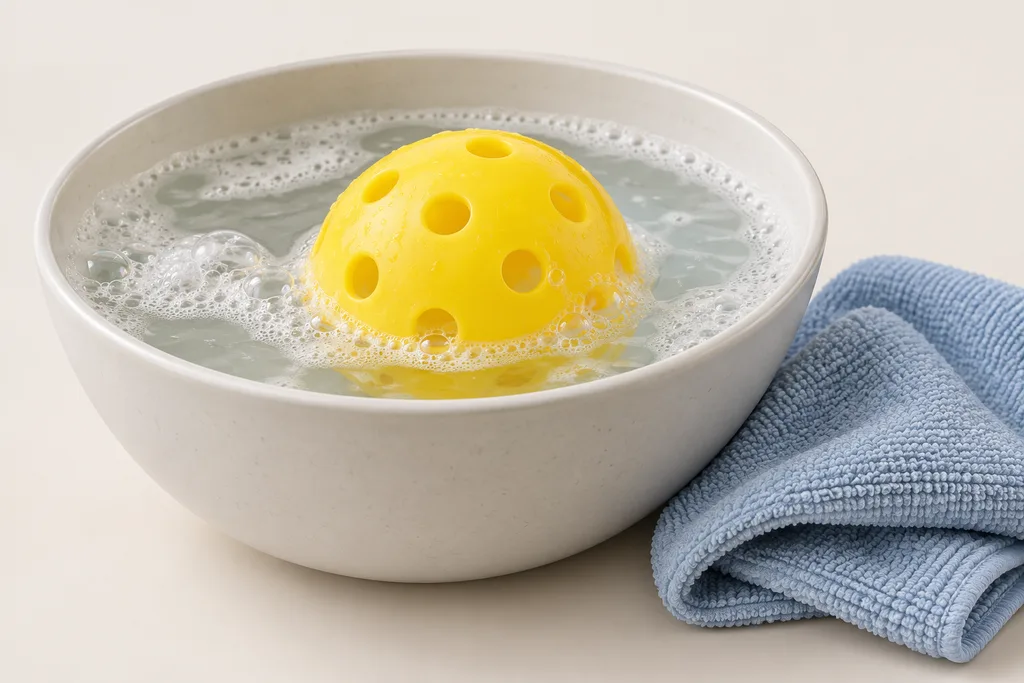 Une balle de pickleball jaune posée dans un bol d'eau savonneuse, avec un chiffon doux à côté.