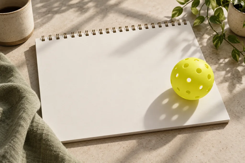 Un calendrier mural avec une balle de pickleball posée dessus, évoquant le renouvellement des balles.