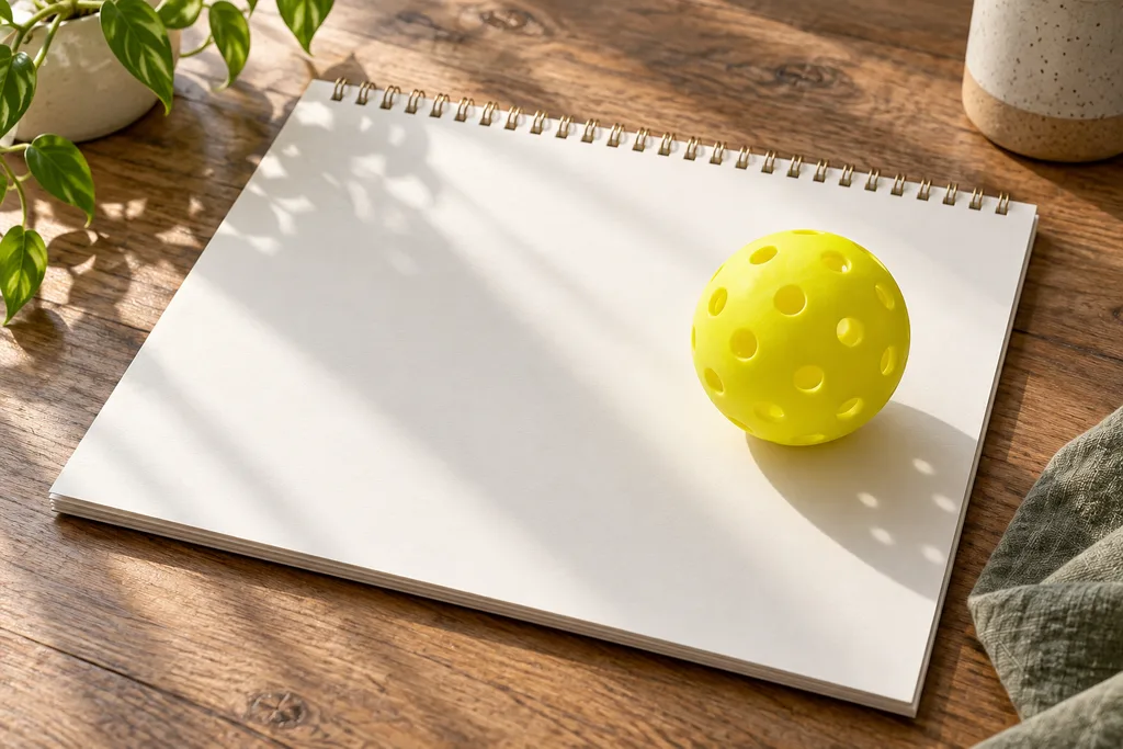 Un calendrier mural avec une balle de pickleball posée dessus, évoquant le renouvellement des balles.