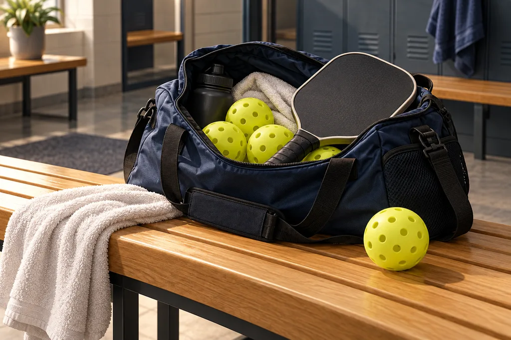 Un sac de sport ouvert contenant raquettes et balles de pickleball sur un banc de vestiaire.
