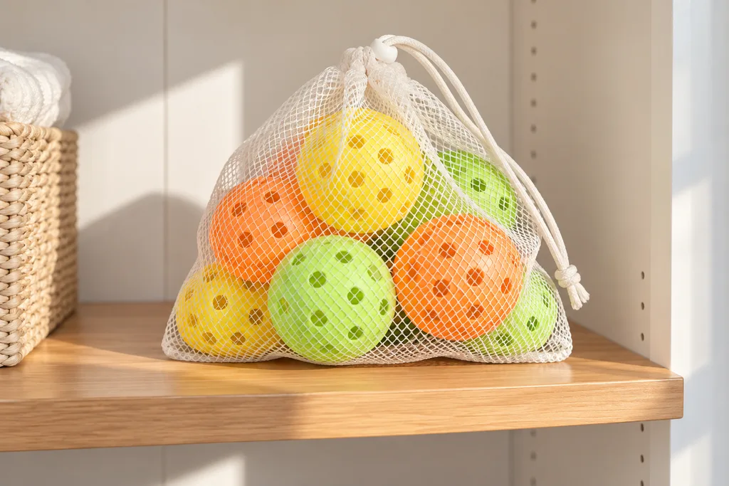 Un sac en filet aéré contenant des balles de pickleball posé sur une étagère d'un local frais.