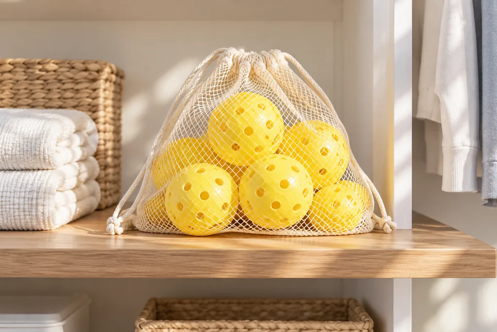 Un sac en filet aéré contenant des balles de pickleball posé sur une étagère d'un local frais.