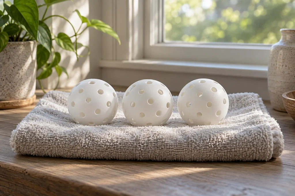 Des balles de pickleball posées sur une serviette, à l'ombre, pour sécher à l'air libre.