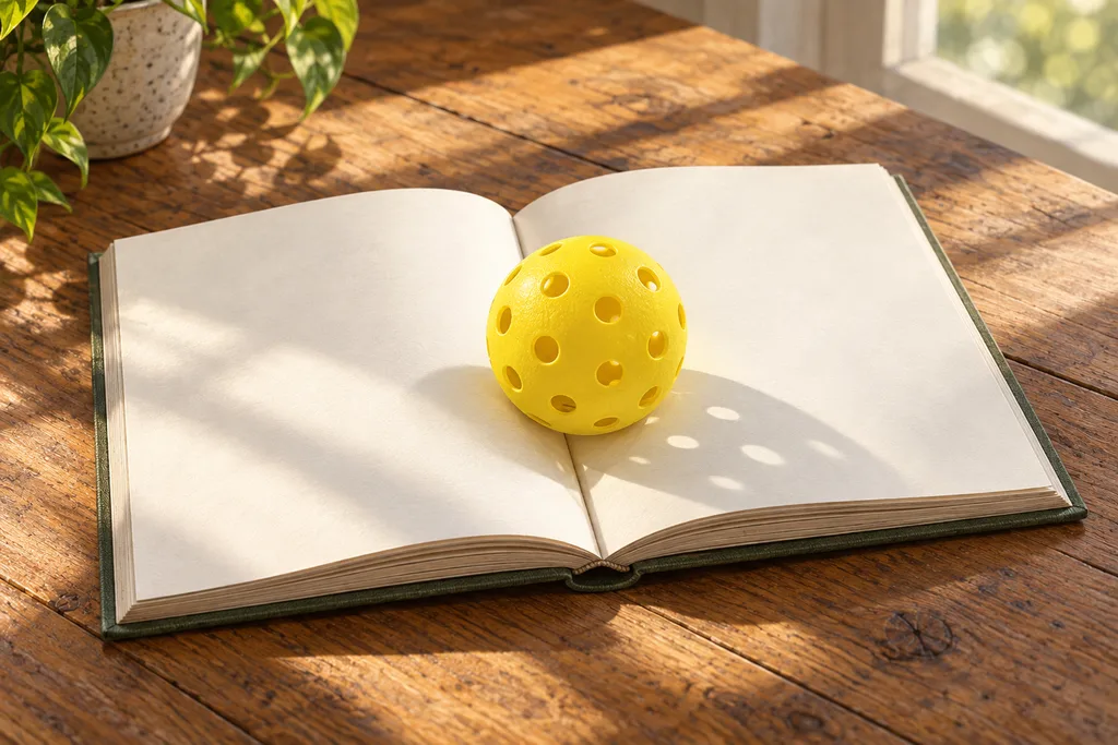 Un livret de règles ouvert à côté d'une balle de pickleball sur une table.
